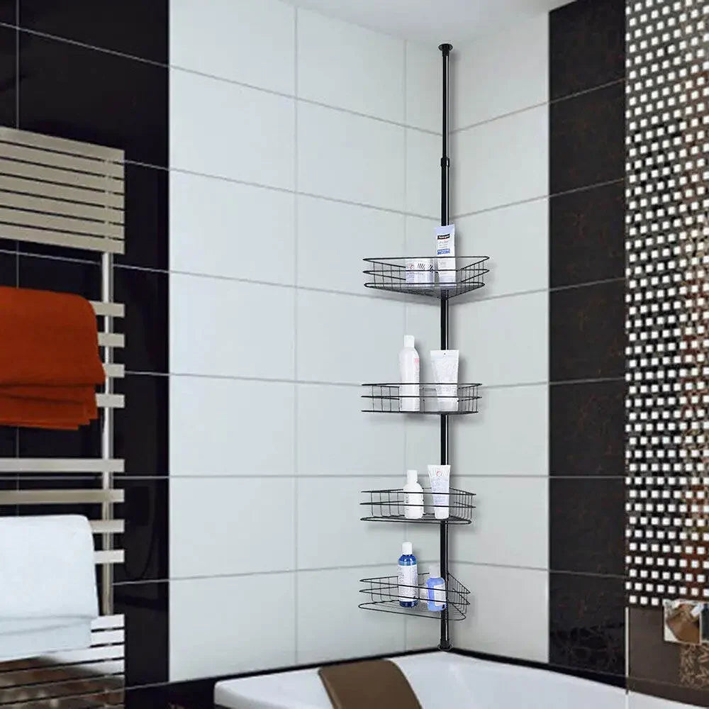 4 Tier Adjustable Black Metal Telescopic Corner Shelf Storage Bath Shower Wall Bathroom Easy Assembly